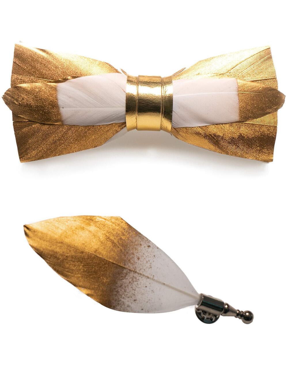 2892 Handmade Feather Pre-tied Bow tie and Brooch Sets gold